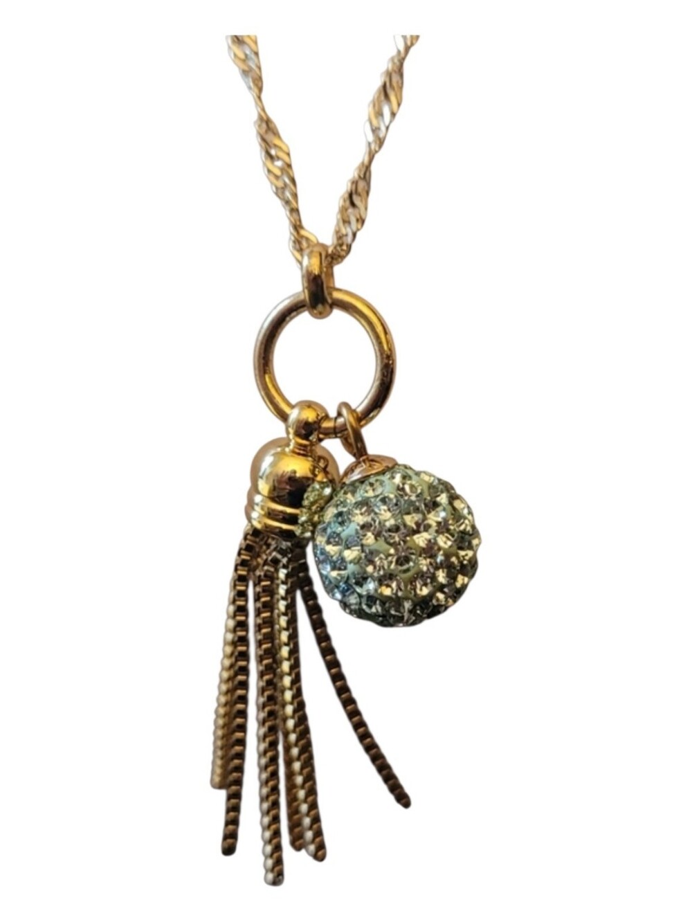 NWOT Gold Tassel Necklace with Pale Aqua Swarovski Crystal Ball